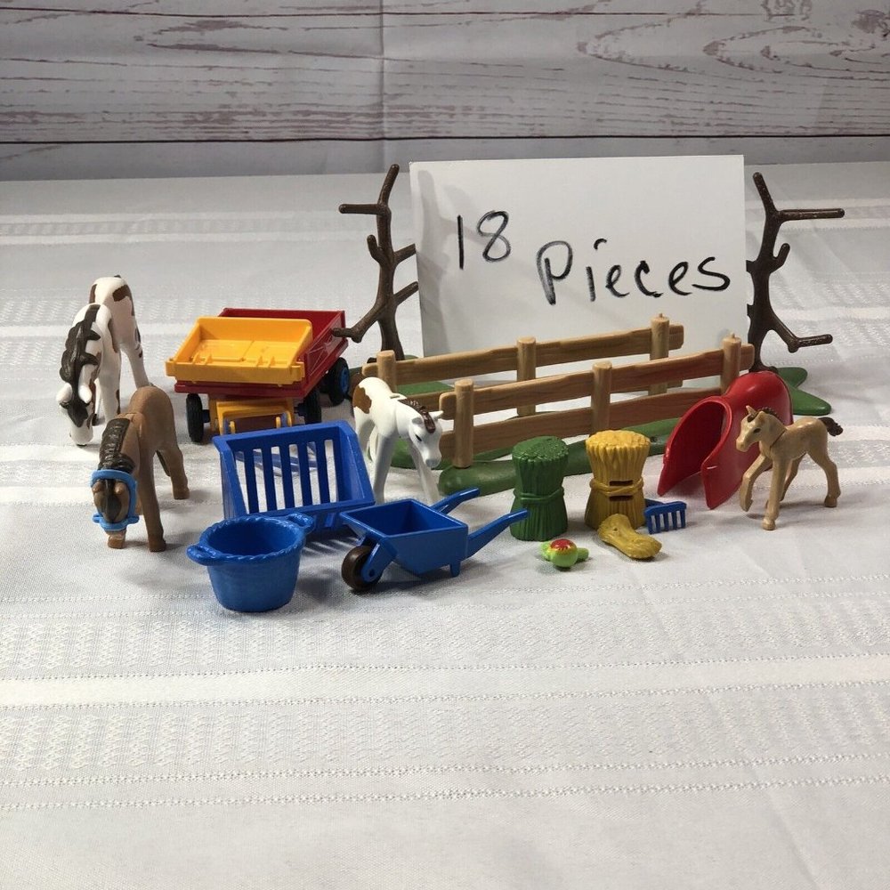 Playmobil Geobra Country Farm Mixed Lot 18+ pieces horses pony fence wagon toys - Picture 2 of 8